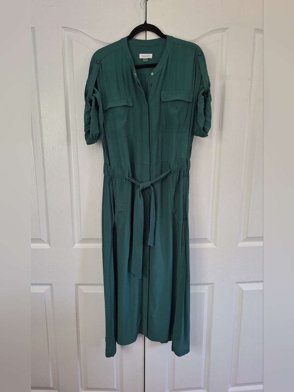 Calvin Klein Teal Green Utility Midi Shirt Dress with Tie Belt